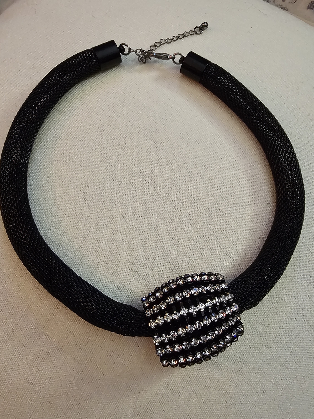 Black Statement Mesh Choker Necklace with Crystal Slider
